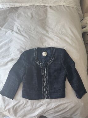 LOFT Navy Tweed Jewel-Trim Cropped Jacket